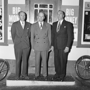 Three men standing in front of William's Store. Presumably owners or employees. Broadway, Va.