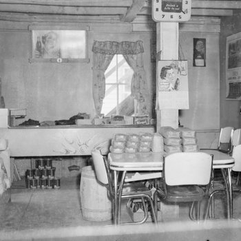 Basye Community Store, Inside view picturing a card table, jukebox, and loaves of bread.