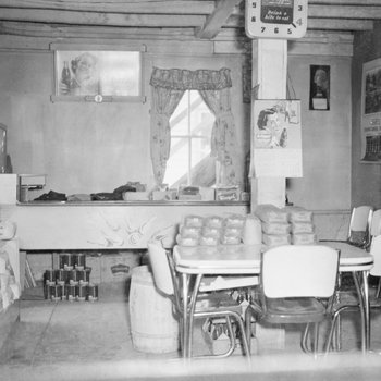 Basye Community Store, Inside view picturing a card table, jukebox, and loaves of bread. 2