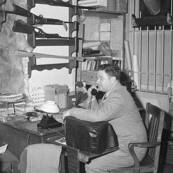 Man sitting at a desk on the phone inside of Hodgin's Store, Woodstock, Va. Deer head mounted on the wall next to a rack of three rifles.