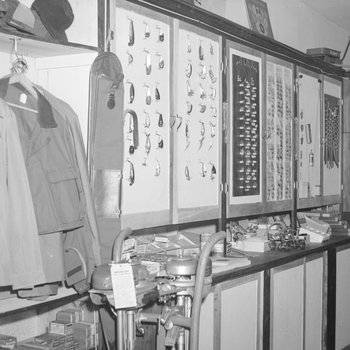 Inside Hodgin's Store, fishing tackle, outdoor clothing etc. on display. Woodstock, Va.