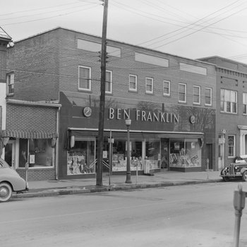 Storefront view of Ben Franklin Arts and Crafts Store, from a diagonal angle. Woodstock, Va. 2