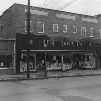 Storefront view of Ben Franklin Arts and Crafts Store, from a diagonal angle. Woodstock, Va. 3