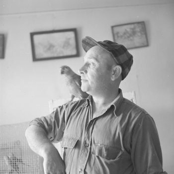 Man with a bird on his shoulder inside of Stroop's Snake Farm. Bowmans Crossing, Va.