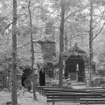 On the grounds of Orkney Springs Hotel, a place for church services or other gatherings. Wooden benches lined up facing a stone platform in the forest. Orkney Springs, Va.