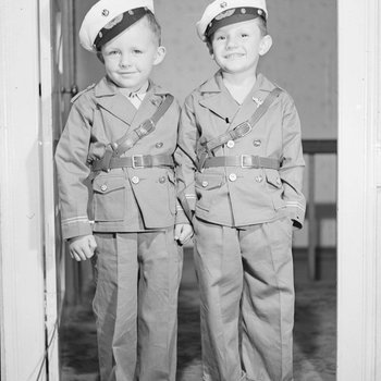 Two young boys in uniform, possibly boy scouts, at the Shenvalee Hotel and Golf Resort, New Market, Va.