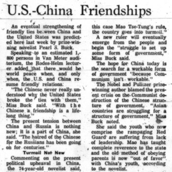 Pearl Buck Predicts U.S. - China Friendships