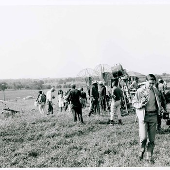 "The Learning Tree" crew set lights and fans for Big Mabel's scene on location in Bourbon and Linn counties, Kansas