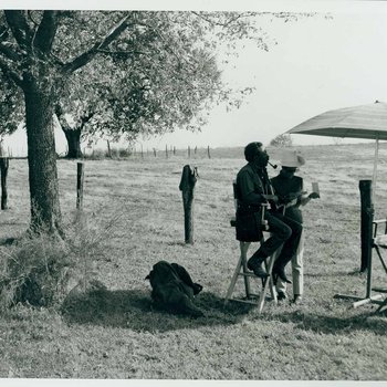 Gordon Parks works with a crew member of "The Learning Tree" while on location in Bourbon and Linn counties, Kansas