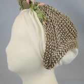 Bonnet, brown and tan raffia spoon bonnet with fabric flowers, c. 1850s-1860s, side view