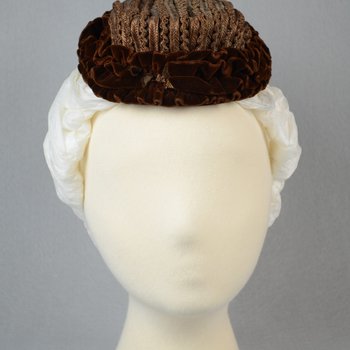 Toque, brown straw trimmed with brown velvet ruffles, c. 1870s, front view