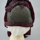 Bonnet, gray felt capote with burgundy velvet and ribbon, and jet beads on a net, 1880s, back view