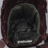 Bonnet, gray felt capote with burgundy velvet and ribbon, and jet beads on a net, 1880s, 1880s, detail of label