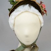 Bonnet, natural straw woven into lace with pink roses and plaid ribbon ties, 1880s, front view