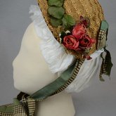 Bonnet, natural straw woven into lace with pink roses and plaid ribbon ties, 1880s, side view