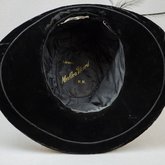 Hat, black velvet with feathers, early 20th century, interior view
