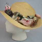 Hat, raffia with silk flowers, c. 1910s, left side view