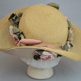 Hat, raffia with silk flowers, c. 1910s, back view