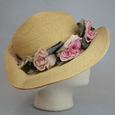 Hat, raffia with silk flowers, c. 1910s, right side view