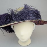 Hat, pale cream with purple ostrich plumes, c. 1900-1915, front view