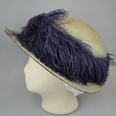 Hat, pale cream with purple ostrich plumes, c. 1900-1915, left side view