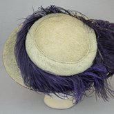 Hat, pale cream with purple ostrich plumes, c. 1900-1915, back view