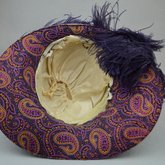 Hat, pale cream with purple ostrich plumes, c. 1900-1915, interior view
