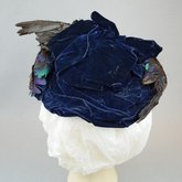 Toque, blue velvet with rhinestones and feathers, 1890s, back view