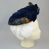 Toque, blue velvet with rhinestones and feathers, 1890s, right side view