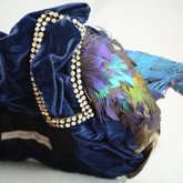 Toque, blue velvet with rhinestones and feathers, 1890s, detail of embellishment
