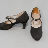 Shoes, black faille with strap, 1930s, side and front view