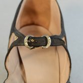 Shoes, black faille with strap, 1930s, detail of buckle