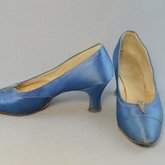 Shoes, blue satin dress pumps, 1958, side and front view