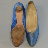 Shoes, blue satin dress pumps, 1958, top and sole view