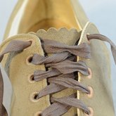 Shoes, tan suede Oxfords, 1930s, detail of scalloped tongue