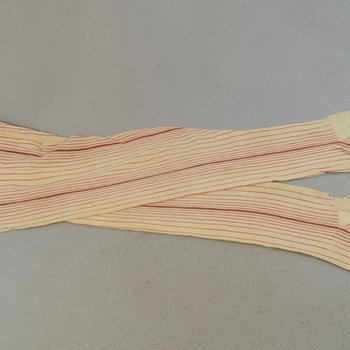 Stockings, white cotton with red and black stripes, 1895