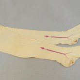 Stockings, cream cotton with red embroidered clocks, 1840s-1850s