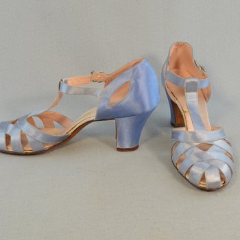 Shoes, blue satin sandals, 1938, side and front view