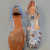 Shoes, blue satin sandals, 1938, top and sole view