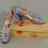 Shoes, blue satin sandals, 1938, shoes and box