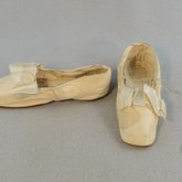 Shoes, white satin evening slippers, 1860-1870, side and front view