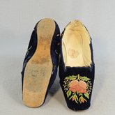 Shoes, blue velvet boudoir slippers, 1830-1840, top and sole view