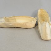 Shoes, white satin evening slippers, 1854-1856, side and front view