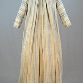 Dress, blue and white striped linen, homespun, c. 1800, back view