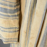 Dress, blue and white striped linen, homespun, c. 1800, detail of sleeve patch