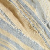 Dress, blue and white striped linen, homespun, c. 1800, exterior, detail of mended rip
