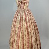 Dress, red and cream striped printed cotton, c. 1850s, side view