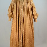 Housedress, brown printed cotton, c. 1835-1850, front view