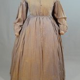 Dress, printed cotton with lavender and black, 1860s, front view