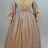 Dress, printed cotton with lavender and black, 1860s, original waist size, front view